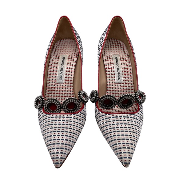 Manolo Blahnik Tweed Embellished Mary Jane Heels - Picture 3 of 8